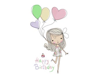 Happy Birthday Embroidery Design, Happy Birthday Cute Girl Machine Embroidery Design, 4 Sizes, Instant Download File