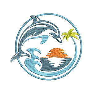 Dolphin Jumping Over Wave Sunset Embroidery Design, Dolphin Machine Embroidery Design, Dolphin Embroidery Design For Men, Women, Girls