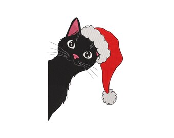 Peeking Black Cat Wearing Santa Hat Christmas Embroidery Design, Christmas Black Cat Machine Embroidery Design, Digital Download