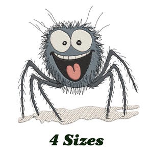 May include: A cartoon spider with a smiling face, large eyes, and a pink tongue. The spider is gray with long, thin legs and is embroidered on a white background. The text "4 Sizes" is below the spider.