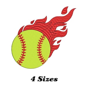 Könnte beinhalten: Softball-Design mit gelbem Ball und roter Naht, umgeben von roten Flammen. Der Text "4 Größen" wird darunter angezeigt, was auf verfügbare Größenoptionen hinweist.