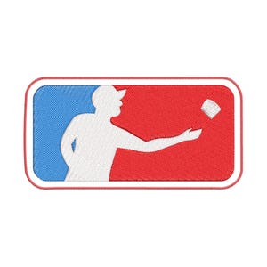 May include: Embroidered patch featuring a stylized cornhole player throwing a bean bag. The design is set within a rectangular frame, with a blue and red color scheme, and a white outline. The patch is likely for apparel or accessories.