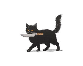 Black Cat Holding a Knife in Its Mouth Embroidery Design, Black Cat Machine Embroidery Design, 4 Sizes, Instant Download File