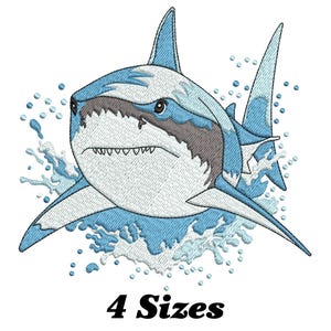 May include: Embroidered design of a blue and white shark with a splash of water behind it. The shark has a menacing expression with sharp teeth. The design is available in four sizes.