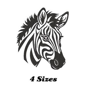 May include: Black and white embroidered zebra head design. The image shows a detailed depiction of a zebra's head, featuring its distinctive striped pattern. The text "4 Sizes" is displayed below the image.