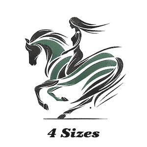 May include: An embroidered design of a woman riding a horse, rendered in black and green. The horse is in motion, with flowing lines suggesting speed. The text "4 Sizes" is below the image.