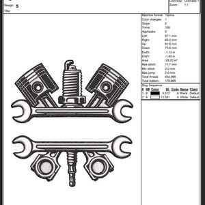 May include: Black and white embroidery design featuring automotive tools. The design includes pistons, a spark plug, and wrenches. The text "*5*" is at the top left. The design is 5.41 inches high and 5.21 inches wide.