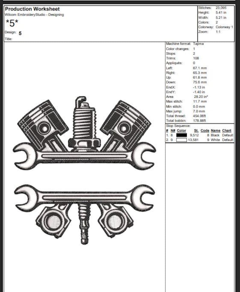 May include: Black and white embroidery design featuring automotive tools. The design includes pistons, a spark plug, and wrenches. The text "*5*" is at the top left. The design is 5.41 inches high and 5.21 inches wide.