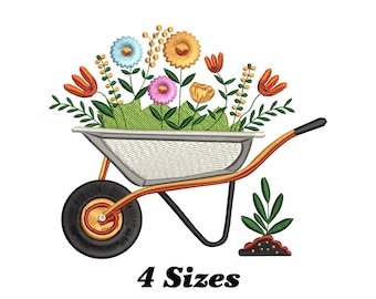 May include: A wheelbarrow filled with colorful flowers, including red, orange, yellow, blue, and green. The wheelbarrow is orange and black with a gray metal bed. The wheelbarrow is on a white background.
