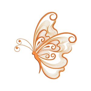 May include: An orange and gold embroidered butterfly design. The butterfly features intricate swirling patterns and delicate lines, with a detailed body and antennae. The design is set against a clean white background, suitable for embroidery projects.