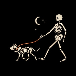 May include: An embroidered design on a black background featuring a beige skeleton walking a beige skeleton dog on an orange leash. Above them is a white crescent moon and three small stars. The figures are depicted in a side profile view.