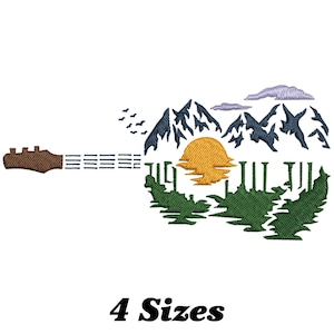 May include: An embroidery design of a guitar with a mountain, sun, and trees inside the body of the guitar. The design is in shades of green, blue, yellow, and brown. The text "4 Sizes" is below the design.