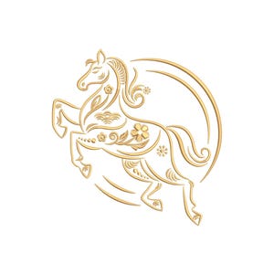 Op de afbeelding: Goudkleurige illustratie van een steigerend paard, versierd met bloemen en sierlijke details. Het paard staat tegen een cirkelvormige achtergrond, wat een decoratief en elegant ontwerp creëert. Geschikt voor diverse toepassingen.