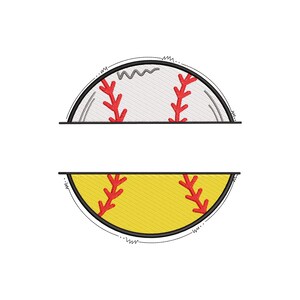 May include: A split design featuring a baseball and a softball. The top half of the baseball is white with red stitching, while the bottom half of the softball is yellow with red stitching. Both halves have a black outline.
