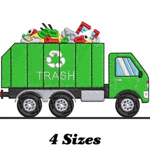 May include: Embroidered green garbage truck with a recycling symbol and the word "TRASH". The truck bed is filled with colourful rubbish. The image also includes the text "4 Sizes".