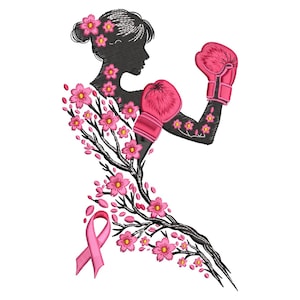 Pode incluir: Um design de bordado apresentando a silhueta preta de uma pessoa usando luvas de boxe cor-de-rosa. A figura é adornada com flores de cerejeira cor-de-rosa em ramos que formam o corpo, e um laço de consciencialização rosa na base.