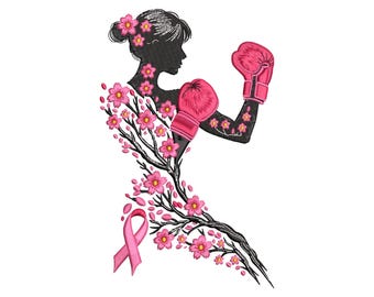 Girl Fighter Breast Cancer Awareness Embroidery Design, Floral Boxing Gloves Machine Embroidery Design, 4 Sizes,  Digital Download