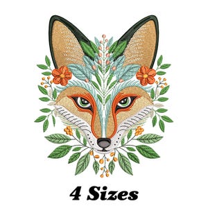 May include: Embroidered design of a fox's face surrounded by green leaves and orange flowers. The fox has orange fur, black eyes, and a white muzzle. The text "4 Sizes" is below the image.