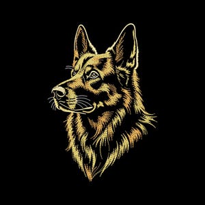 May include: A detailed gold illustration of a German Shepherd's head and chest on a black backdrop. The dog faces left, ears pricked, eyes forward. The fur is textured. The image is a portrait of the dog, with a focus on its features.