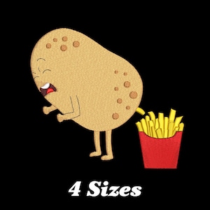 Op de afbeelding: Geborduurd ontwerp met een cartoon aardappel met armen en benen, die frietjes uitstoot. De aardappel heeft een bedroefde uitdrukking. Een rode doos bevat de frietjes. De tekst "4 Sizes" staat onderaan.