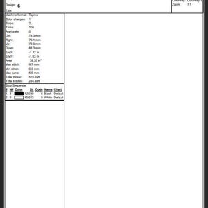 May include: Production worksheet from Wilcom Embroidery Studio, featuring design number 6. The document includes stitch counts, dimensions (6.31 inches height, 6.08 inches width), and color information. It also lists the number of color changes, stops, and trims.