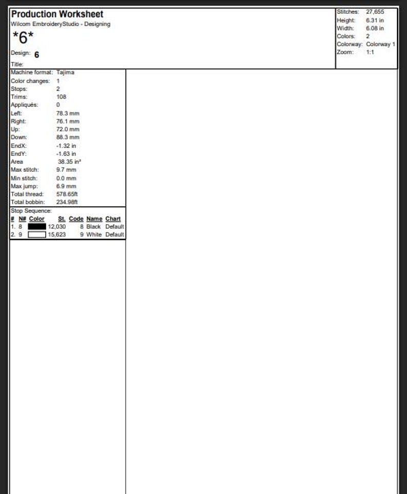 May include: Production worksheet from Wilcom Embroidery Studio, featuring design number 6. The document includes stitch counts, dimensions (6.31 inches height, 6.08 inches width), and color information. It also lists the number of color changes, stops, and trims.
