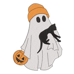 Ghost With Black Cat Halloween Embroidery Design, Halloween Ghost With Black Cat Machine Embroidery Design, 4 sizes, Instant Download