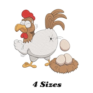 May include: An embroidered cartoon chicken with a red comb, brown head, and white body. The chicken appears startled, with an egg falling from its body. Two eggs rest in a nest. The text "4 Sizes" is at the bottom.