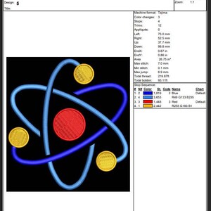 K&ouml;nnte beinhalten: Ein Stickerei-Produktionsarbeitsblatt mit schwarzem Hintergrund. Das Design zeigt ein stilisiertes Atom mit blauen, roten und gelben Elementen. Das Arbeitsblatt enth&auml;lt Designdetails wie Stiche, H&ouml;he, Breite und Farbinformationen.