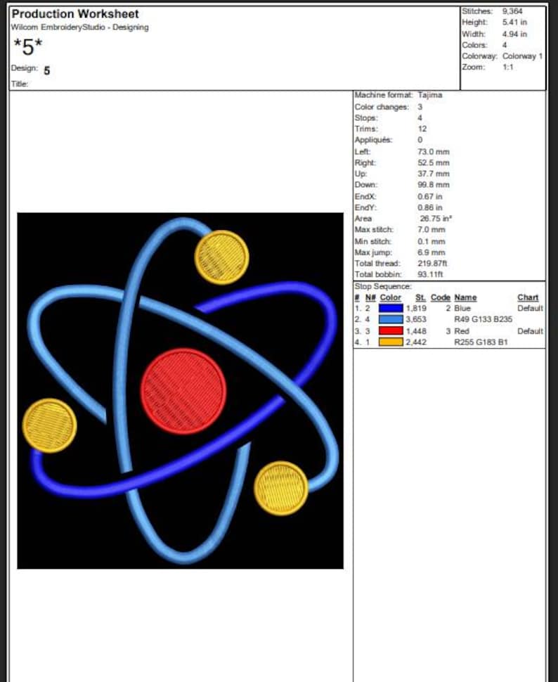 K&ouml;nnte beinhalten: Ein Stickerei-Produktionsarbeitsblatt mit schwarzem Hintergrund. Das Design zeigt ein stilisiertes Atom mit blauen, roten und gelben Elementen. Das Arbeitsblatt enth&auml;lt Designdetails wie Stiche, H&ouml;he, Breite und Farbinformationen.