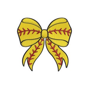 May include: A yellow softball bow with red stitching details. The bow is a decorative design, likely for crafts or apparel, and is set against a white background. The design mimics the look of a softball.