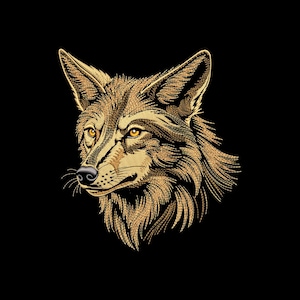 May include: A detailed illustration of a coyote's head, rendered in gold thread on a black background. The coyote's fur is intricately depicted, with yellow eyes and a black nose. The artwork showcases the animal's profile.