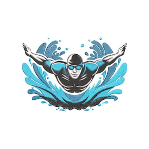 Op de afbeelding: Geborduurd ontwerp van een zwemmer in de vlinderslag, met uitgestrekte armen en omringd door gestileerde blauwe waterspatten. De zwemmer draagt een bril en een badmuts, in zwart, wit en blauw.
