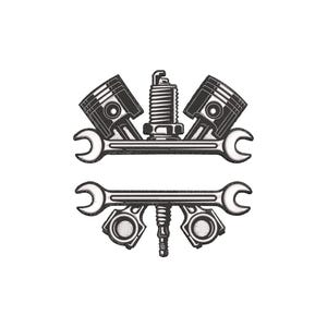 Könnte beinhalten: Schwarz-Weiß-Illustration von Kfz-Reparaturwerkzeugen. Das Design zeigt zwei Kolben, eine Zündkerze und zwei Schraubenschlüssel. Die Werkzeuge sind symmetrisch angeordnet und deuten auf mechanische Arbeiten und Reparaturen hin.