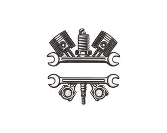 Mechaniker Monogramm Stickerei Design, Schraubenschlüssel Werkzeuge Auto Reparatur Service Maschinenstickerei, 4 Größen, Instant Download Datei