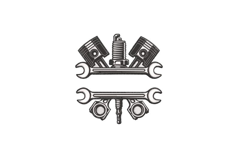 May include: Black and white illustration of automotive repair tools. The design features two pistons, a spark plug, and two wrenches. The tools are arranged in a symmetrical pattern, suggesting mechanical work and repair.