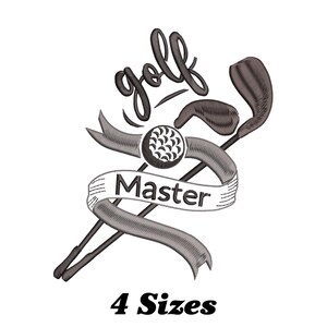 May include: Black and white embroidery design of two crossed golf clubs with a ribbon that says "golf Master".