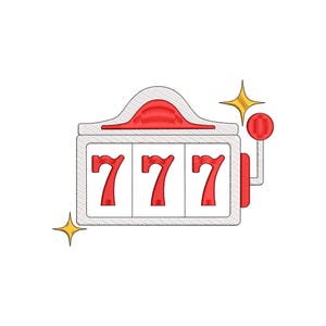 May include: A stylized illustration of a slot machine with three red sevens displayed. The machine is white with red accents and gold starbursts. The handle is red, and the background is white.