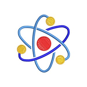 K&ouml;nnte beinhalten: Gesticktes Atom-Design mit einem roten Mittelkreis, blauen und hellblauen Orbitalbahnen und gelben kreisf&ouml;rmigen Akzenten. Das Design befindet sich auf wei&szlig;em Hintergrund. Geeignet f&uuml;r Artikel zum Thema Wissenschaft.