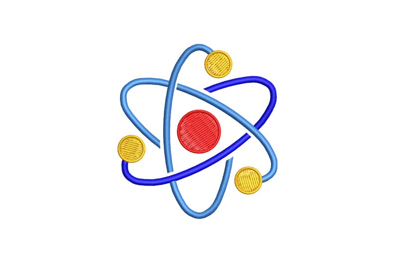 K&ouml;nnte beinhalten: Gesticktes Atom-Design mit einem roten Mittelkreis, blauen und hellblauen Orbitalbahnen und gelben kreisf&ouml;rmigen Akzenten. Das Design befindet sich auf wei&szlig;em Hintergrund. Geeignet f&uuml;r Artikel zum Thema Wissenschaft.