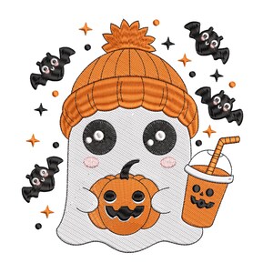 Scary Ghost with Pumpkin Bat Halloween Embroidery Design, Halloween Cute Ghost Machine Embroidery Design, 4 sizes, Instant Download