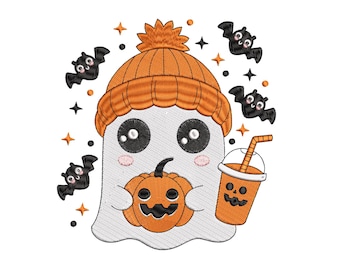 Scary Ghost with Pumpkin Bat Halloween Embroidery Design, Halloween Cute Ghost Machine Embroidery Design, 4 sizes, Instant Download