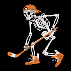 May include: Embroidered image of a skeleton playing hockey on a black background. The skeleton wears an orange baseball cap and orange sneakers. It holds an orange hockey stick with a white tape detail.