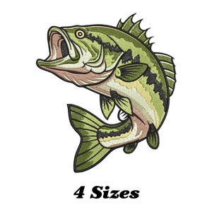 May include: An embroidered design of a largemouth bass fish with an open mouth, in shades of green, tan, and black. The fish is jumping upwards. The text "4 Sizes" is below the fish.