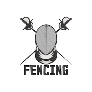 May include: A black and white fencing logo featuring a fencing mask with crossed swords. The word "FENCING" is printed in bold, black letters below the mask and swords.