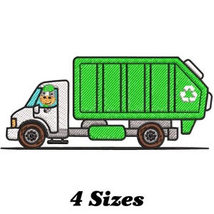 May include: A white garbage truck with a green recycling bin on the back. The truck has a cartoon driver in the cab. The truck is on a white background. 4 Sizes.