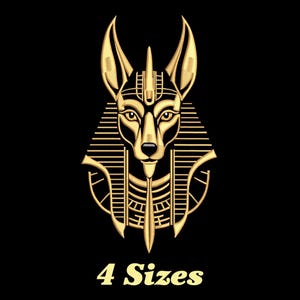 May include: A gold-colored illustration of the Egyptian god Anubis, depicted as a jackal-headed figure, against a black background. The image includes the text "4 Sizes" in gold. The design features intricate details and a symmetrical composition.