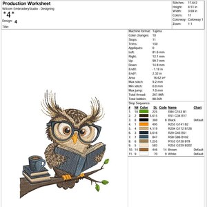 May include: An embroidered design featuring a scholarly owl wearing glasses, perched on a branch and reading a book. A small cup of coffee sits atop a stack of books. The design is 4.51 inches high and 3.69 inches wide.