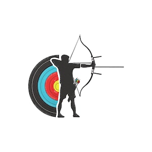 Puede incluir: Silueta negra de un arquero apuntando a una diana. El arquero está en posición de disparo, con el arco tenso, con una diana a la izquierda. La diana tiene anillos concéntricos negros, azules, rojos y amarillos. La imagen está sobre un fondo blanco.