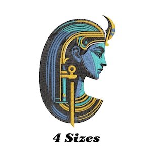 May include: An embroidered design featuring a profile of an Egyptian figure with teal skin, blue hair, and gold accents. The design includes an ankh symbol and is labeled "4 Sizes" in black text.